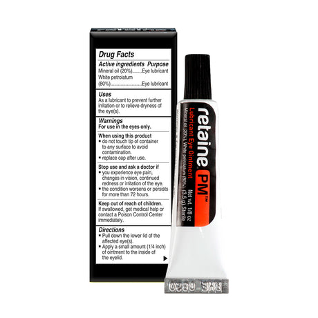 The 5g Ocusoft Retaine PM Nighttime Ointment by OCuSOFT, in its orange and white packaging, offers preservative-free relief for nighttime dry eyes. The box includes drug facts, ingredients, uses, warnings, and application directions.