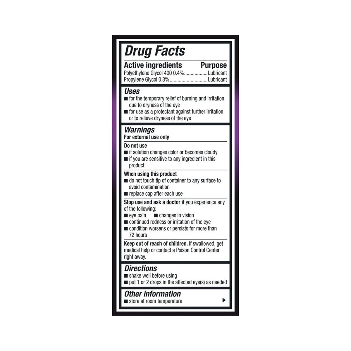 A black and white Drug Facts label on Alcons GenTeal Tears Lubricant Gel Eye Drops (8mL/0.3 FL OZ) lists active ingredients, purposes, uses, warnings, directions, precautions, instructions, and storage details for safe dry eye relief during day and night.