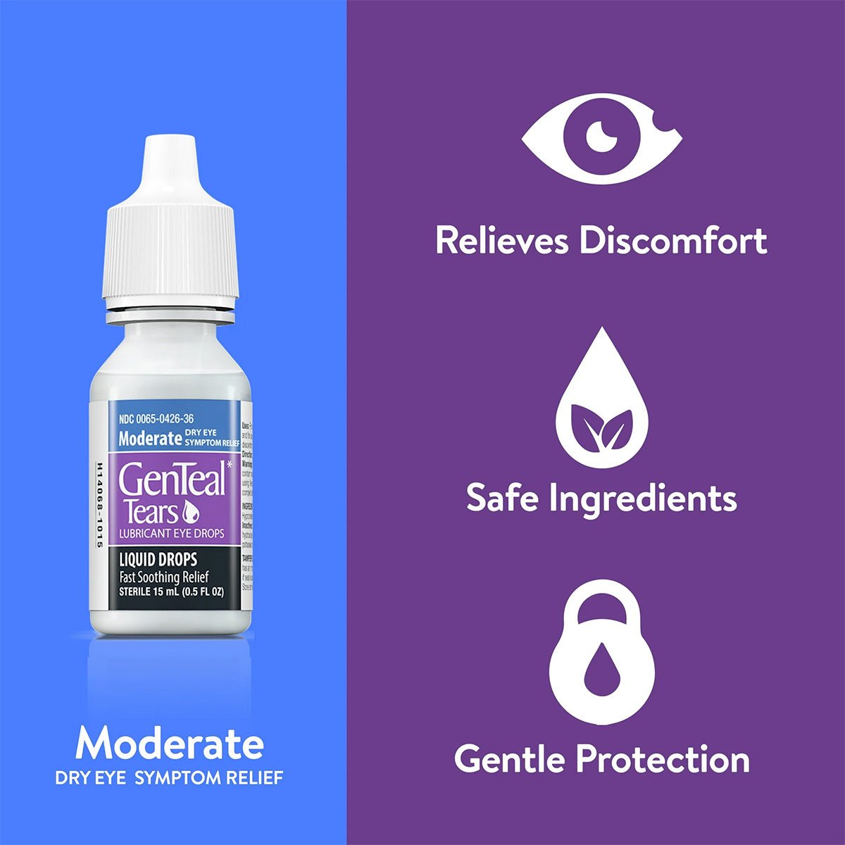 A 15mL bottle of Alcons GenTeal Liquid Drops, labeled Moderate, is shown on the left with icons to the right stating: Relieves Discomfort, Safe Ingredients, and Gentle Protection. Ideal for dry eyes, it features a calming purple and blue background.