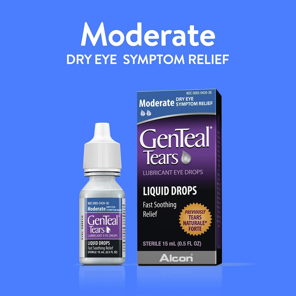 Image of a 15mL GenTeal Liquid Drops bottle and box by Alcon on a blue background. Text reads Moderate Dry Eye Symptom Relief and Fast Soothing Relief. The purple and white packaging promises comfort with its soothing gel formula for effective dry eye relief.