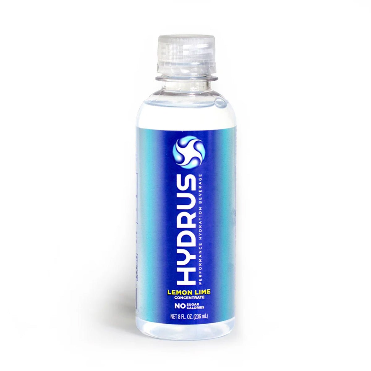 An 8 fl oz clear plastic bottle with a blue label bearing the white HYDRUS and a circular logo highlights the Sugar-Free Lime Concentrate with Nanosome™ Technology from Hydrus Performance. Perfect for advanced hydration, it supports eye health and whole-body hydration.