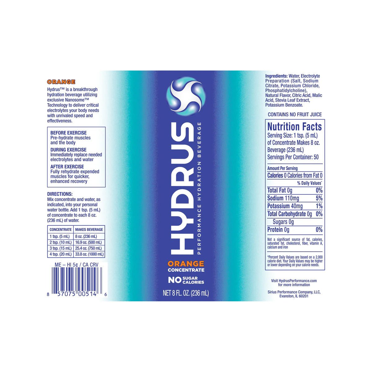 Hydrus Performance orange-flavored hydration concentrate label showcases Advanced Hydration with the blue water swirl logo. It features nutrition facts, ingredients, usage instructions, and highlights No Calories alongside sugar-free electrolytes like potassium and sodium.