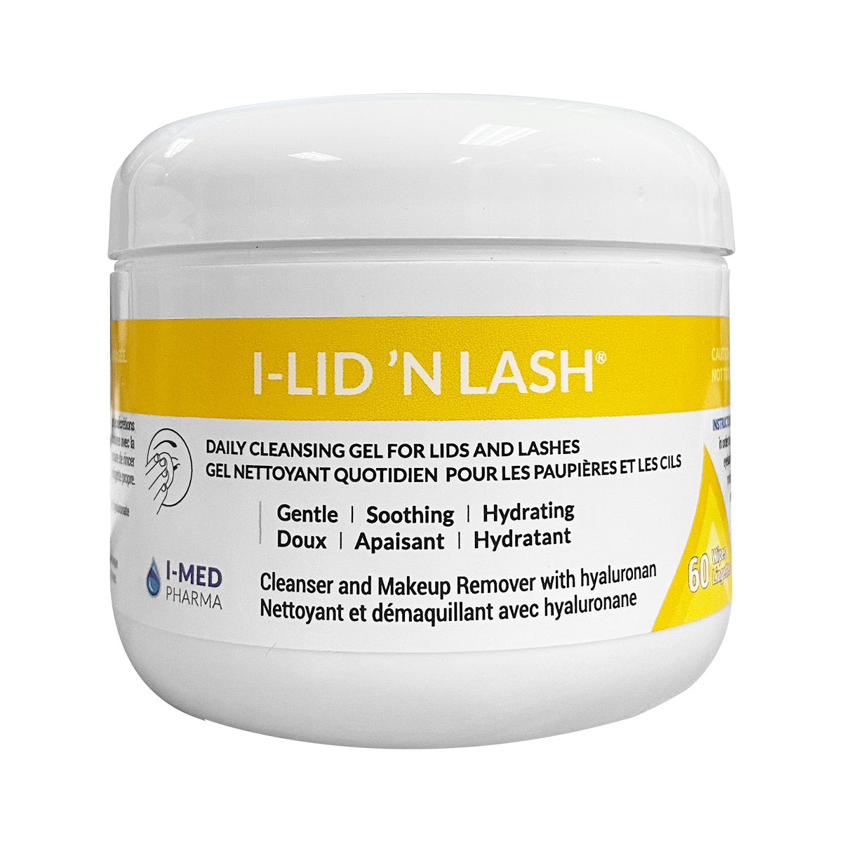 A yellow-labeled white container labeled I-LID N LASH® Wipes – Gentle, Hydrating Eyelid & Lash Cleanser by I-Med Pharma is ideal for sensitive eyes, featuring gentle and soothing properties highlighted in both languages.