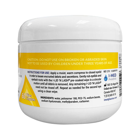 A jar of I-Med Pharmas I-LID ’N LASH® Wipes includes 60 hypoallergenic wipes for eyelid and lash cleansing. Not for use on broken skin or kids under three. Ingredients: water, poloxamer 188, PEG-75, sodium borate, etc. Perfect for sensitive skin with usage instructions on label.