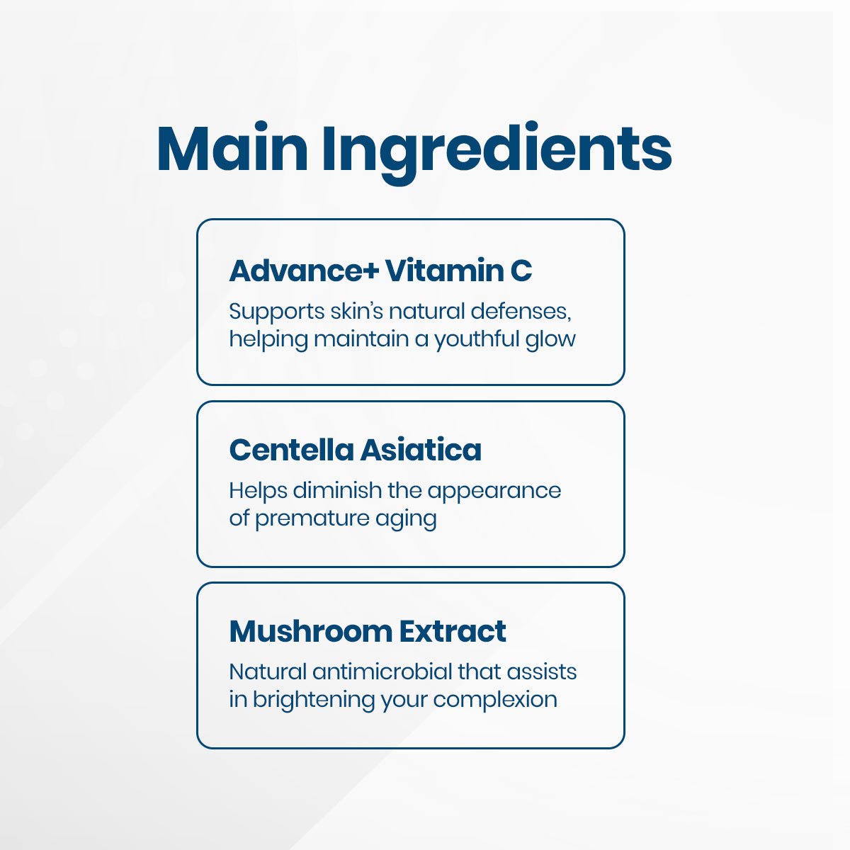 The Main Ingredients graphic for the iS Clinical C Eye Serum Advance+ showcases Advance+ Vitamin C for a youthful glow and antioxidants, Centella Asiatica for anti-aging benefits, and Mushroom Extract for antimicrobial properties and complexion brightening.
