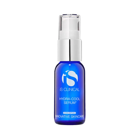 The iS Clinical Hydra-Cool Serum for Hydrating and Clearing Skin (15mL) features a sleek blue bottle with a silver pump dispenser, brand logo, and Innovative Skincare. It delivers hydration and antioxidants to revitalize your skin.