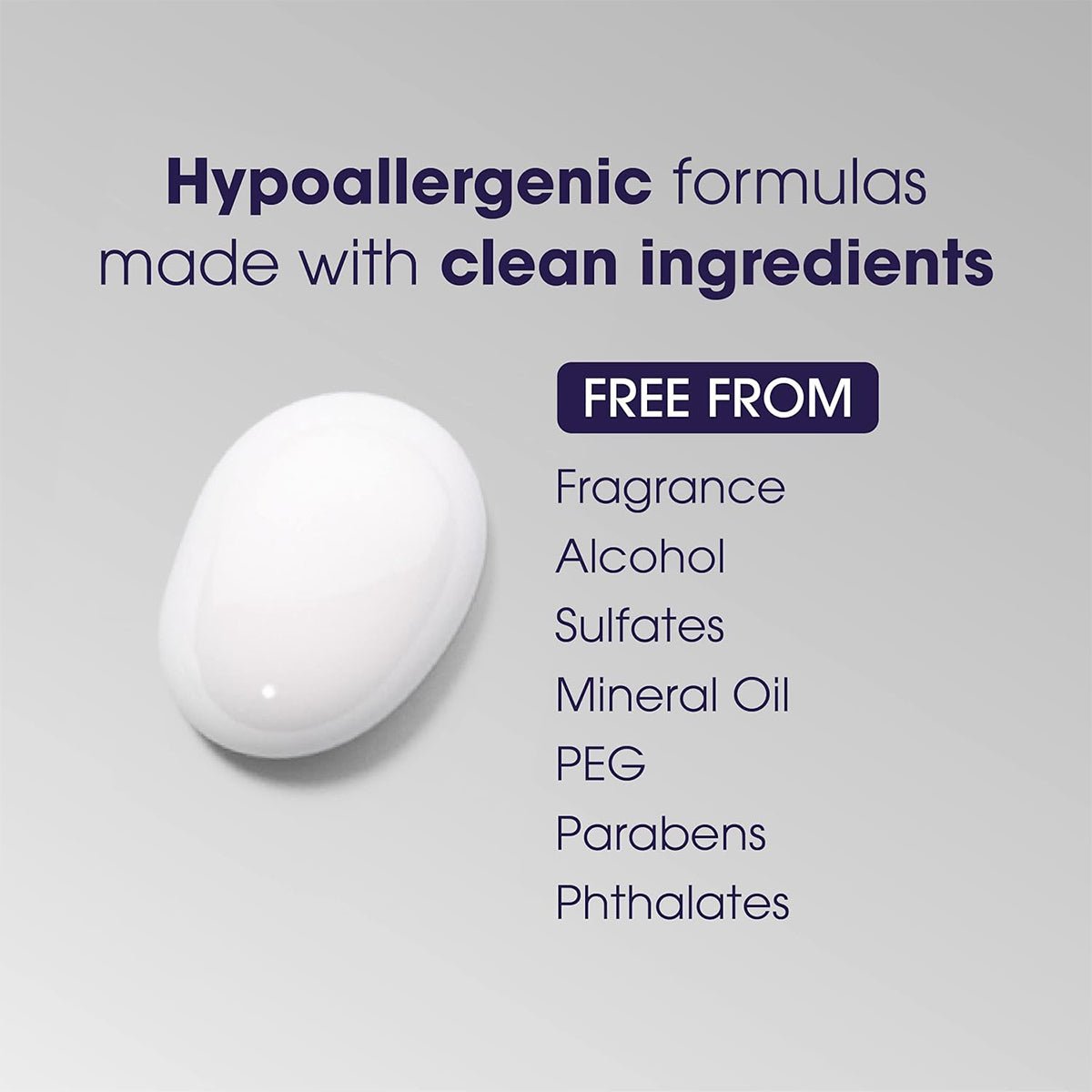 Image of a white soap bar stating, Hypoallergenic formulas made with clean ingredients. Below: FREE FROM Fragrance, Alcohol, Sulfates, Mineral Oil, PEG, Parabens, Phthalates. Ideal for LUMIFY Eye Illuminations Hydra-Gel routines by Bausch + Lomb for smoother skin with a subtle glow.