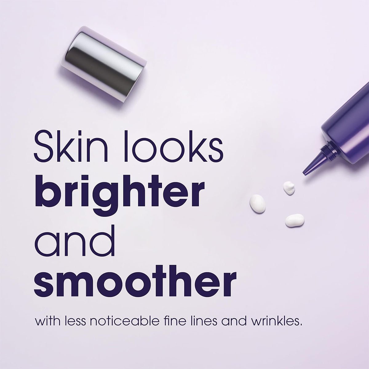 Text on a light background reads: Skin looks brighter and smoother with less noticeable fine lines and wrinkles. Nearby is an open Bausch + Lomb LUMIFY Eye Illuminations Hydra-Gel Brightening Eye Cream, known for a subtle glow and hypoallergenic formula, with cream droplets next to it and a detached cap.