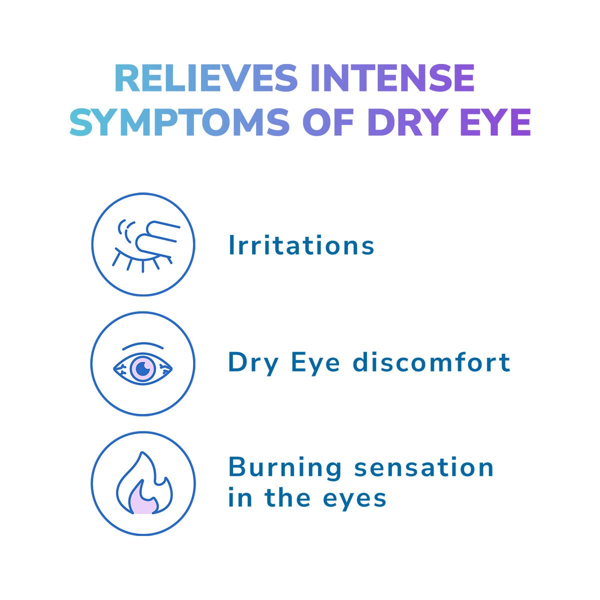 Infographic titled Relieves Intense Symptoms of Dry Eye in a blue and purple gradient, highlighting Optases Intense Preservative Free with Magic Touch Applicator. Features icons: Irritations, Dry Eye Discomfort, and Burning Sensation, offering preservative-free, long-lasting relief.