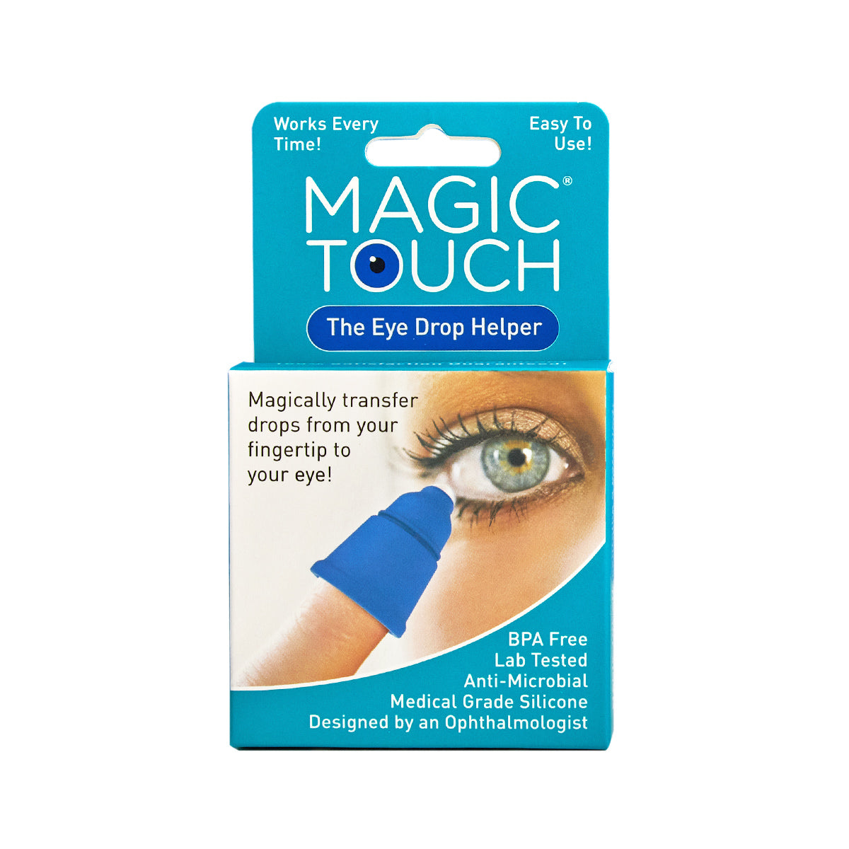 The image displays a Magic Touch Eye Drop Applicator package, emphasizing its user-friendly design and medical-grade silicone. The box shows the applicator in action with antimicrobial protection, highlighting its effective function to reduce waste.