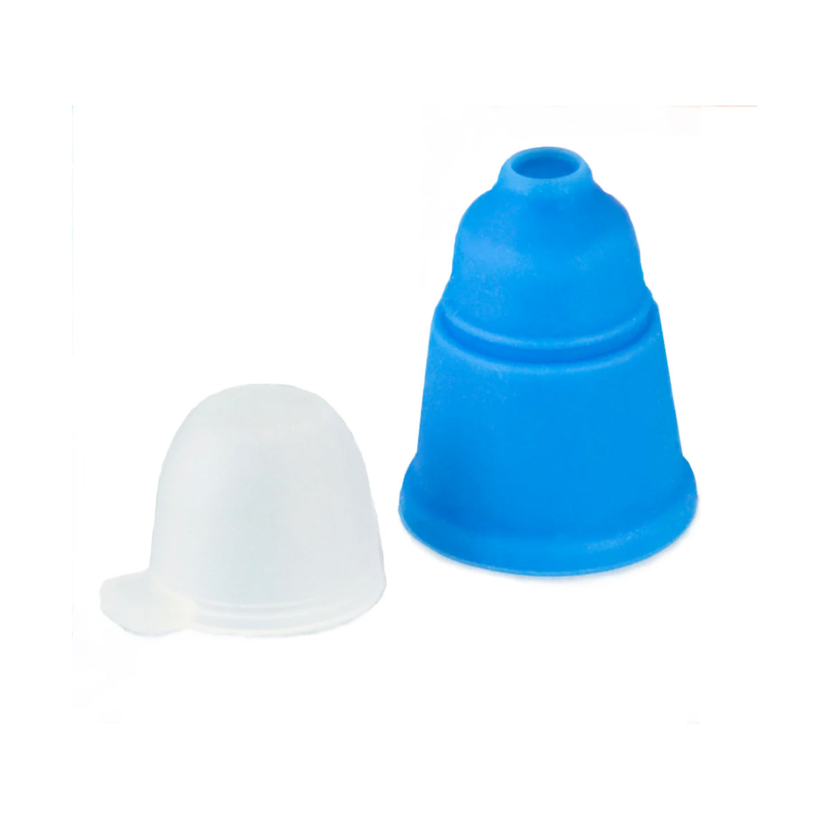 Displayed on a white background are two menstrual cups made of medical-grade silicone, featuring a blue cup with pronounced ridges and a translucent one with a plain design, both subtly conical.