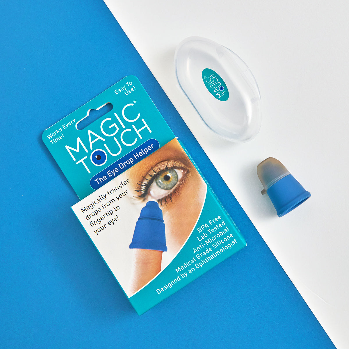 The packaging and product of the Magic Touch Eye Drop Applicator from Magic Touch highlight its easy-to-use design that reduces waste. Made from medical-grade silicone, it fits over your fingertip with a clear cover. A photo demonstrates safe application on an eye.
