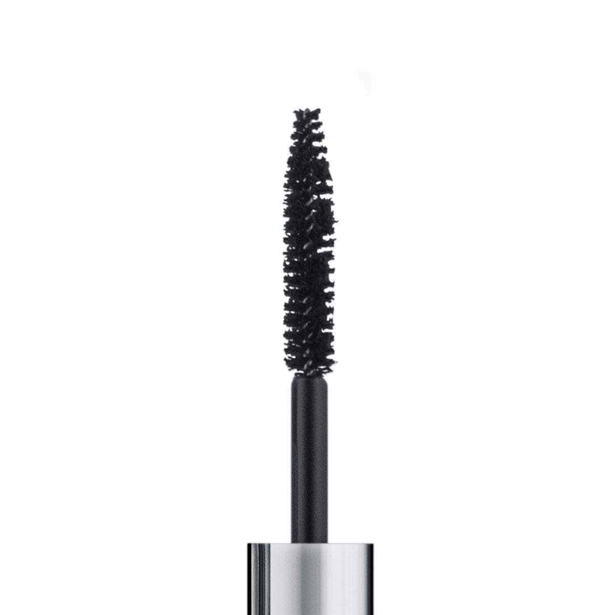 A sleek, black wand from the Eyes are the Story, Eye Proof Mascara Trio Set features a tapered bristle head against a white background. Its metallic handle reflects light while densely coated bristles cater to sensitive eyes and prioritize eye health.