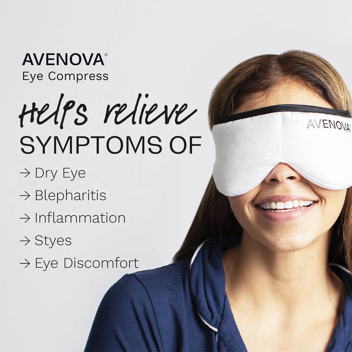 A woman smiles wearing a NovaBay Avenova Microwavable Heat Eye Compress Mask. Text reads: Helps relieve symptoms of dry eye, blepharitis, inflammation, styes, and eye discomfort.