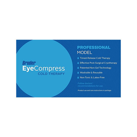 Bruder Eye Compress Cold Therapy offers blue and white packaging with targeted cold therapy and inflammation relief. It features timed-release technology for post-surgical cryotherapy, is patented, washable, reusable, non-toxic, non-gel, and latex-free.