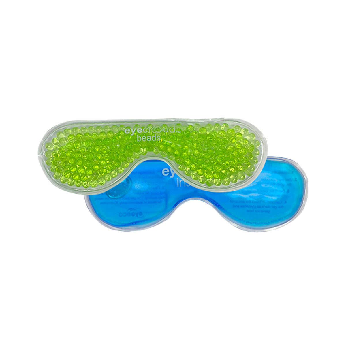 The EyeCloud Home Treatment Kit by PRN features two masks for soothing dry eyes and blepharitis, with one using green gel beads and the other solid blue gel. Both provide moist heat therapy, are crafted from transparent material, and have a soft lining for comfort.