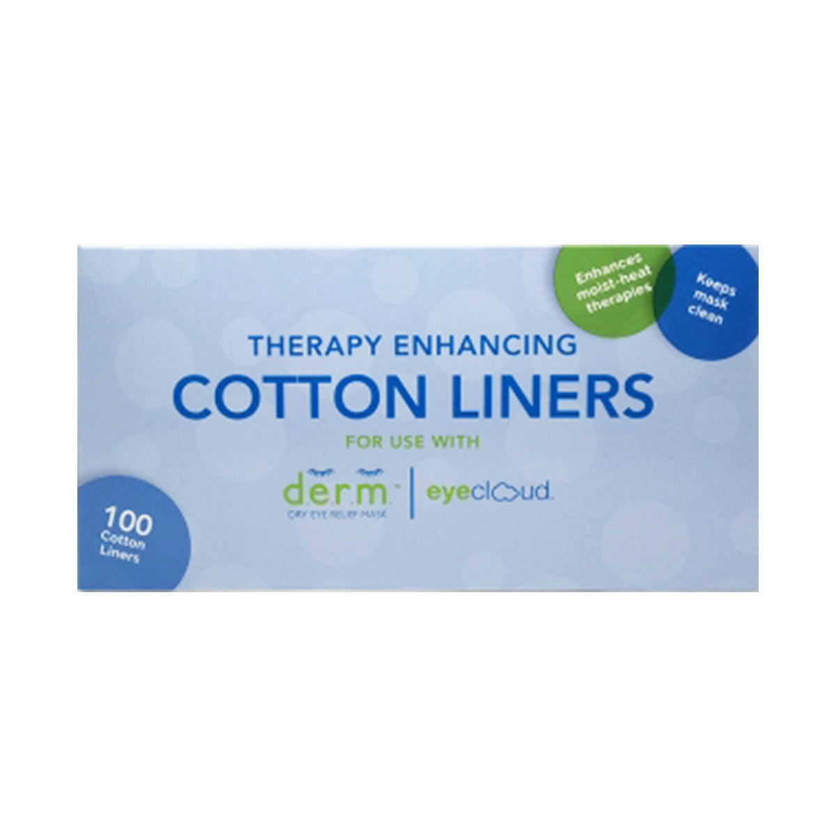 PRNs Replacement Cotton Liners for D.E.R.M. & EyeCloud – 100 Count box features text on a blue dotted background, highlighting benefits like Enhances moist-heat therapies and Keeps mask clean.