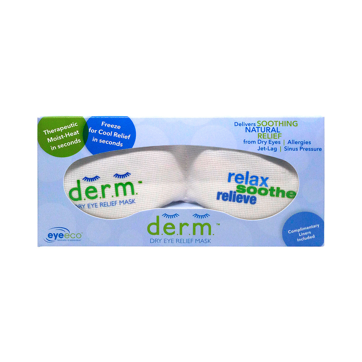 The EyeEco D.E.R.M. mask packaging by PRN features an image of the mask and highlights its soothing, hypoallergenic relief for dry eyes, jet lag, and sinus pressure. Blue and green accents emphasize phrases like relax soothe relieve and freeze for cool, moist-heat therapy.