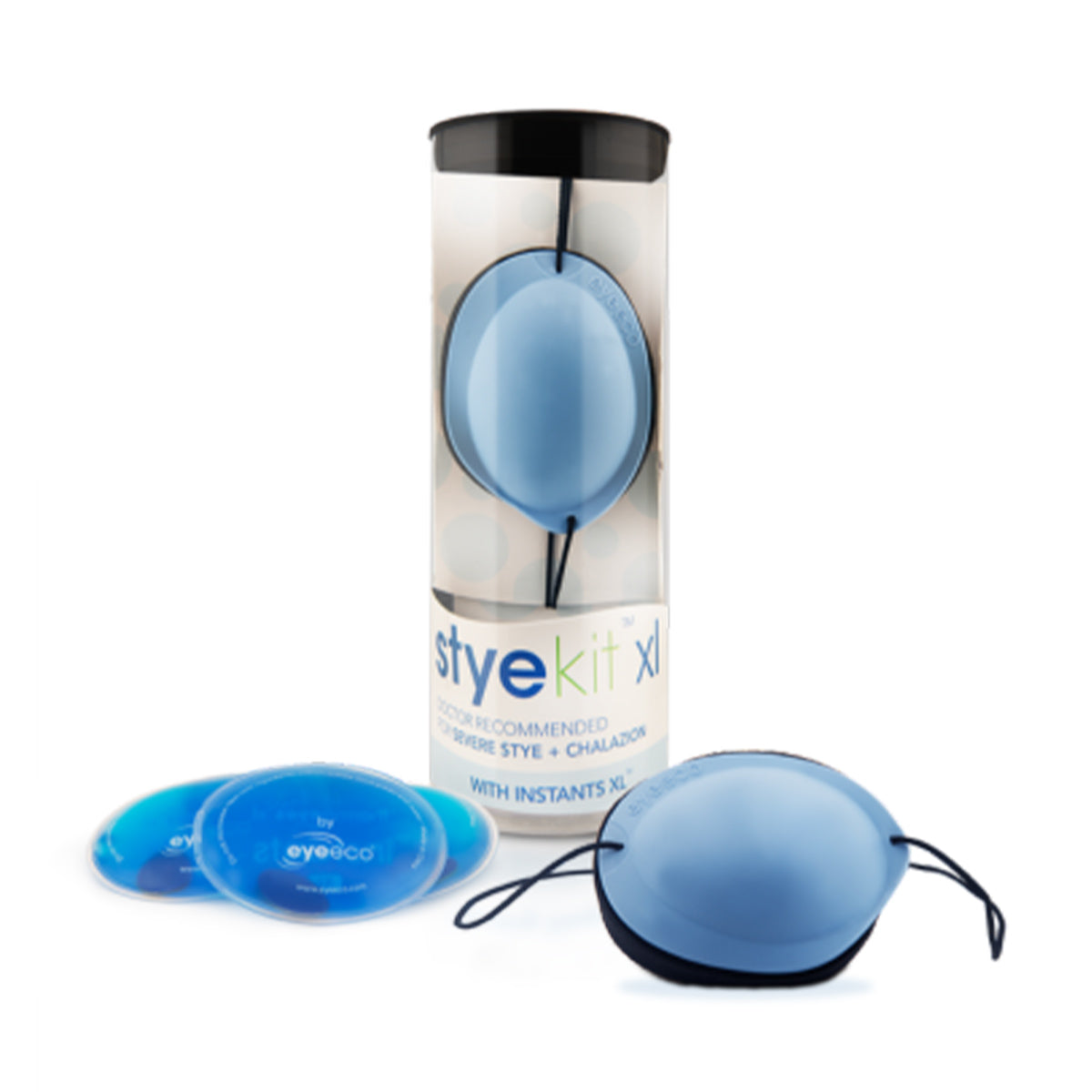 A transparent cylindrical container houses a blue eye mask with an elastic strap, labeled EyeEco Eyelid Stye Kit (XL - Blue) by PRN, alongside two flat blue gel packs. It features a hands-free design for doctor-recommended moist heat therapy to treat styes and chalazia.
