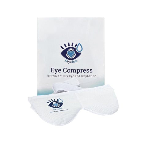 The Heyedrate Warm Compress Eye Mask by PRN is ideal for dry eye relief, puffiness, and sinus issues. The packaging features an eye-teardrop logo and Eye Compress for relief of Dry Eye and Blepharitis, with the website www.eyelovethesun.com highlighting its reusable hot & cold therapy benefits.