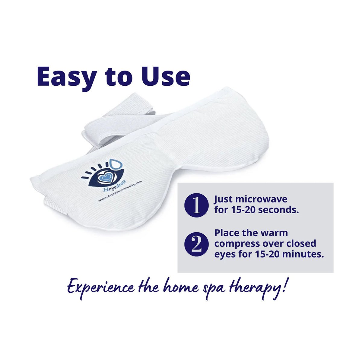 The Heyedrate Warm Compress Eye Mask by PRN, on a white background with its logo, includes instructions in a blue box: microwave 15-20 seconds, then place over closed eyes for 15-20 minutes. Its an easy-to-use, reusable hot & cold therapy mask for dry eyes relief.