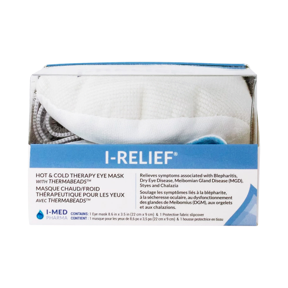 The I-Med Pharmas I-RELIEF™ Hot & Cold Therapy Eye Mask for dry eye, blepharitis, MGD, styes, and puffiness relief features ThermaBeads Technology. It comes in a clear box with English and French instructions on the front, revealing the white mask inside with an adjustable strap.