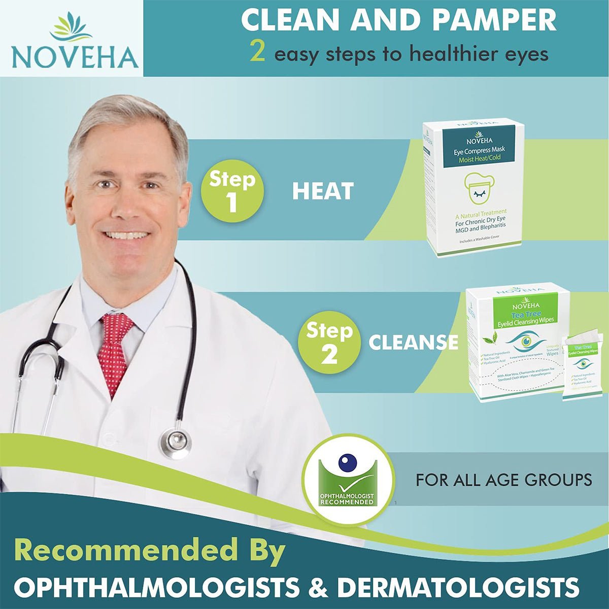 Advertisement for Novehas eye care: Features a man in a white coat and text: CLEAN AND PAMPER - 2 easy steps to healthier eyes. Steps are HEAT with Noveha Dry Eye Masks hydro-heat tech, and CLEANSE. Recommended by ophthalmologists and dermatologists.