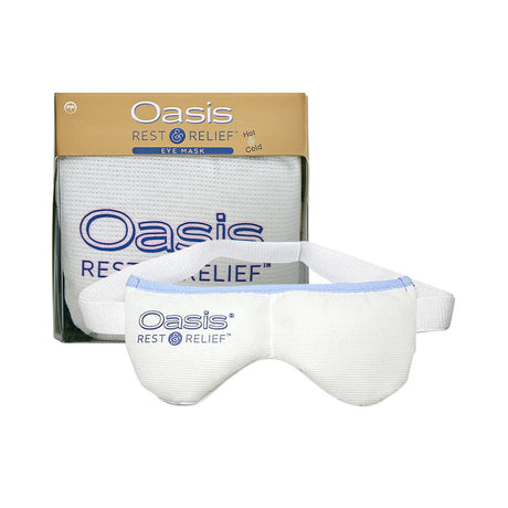 The Oasis Hot & Cold Dry Eye & Allergy Mask by Oasis Medical is a white eye mask with Oasis Rest & Relief text and an adjustable strap, packaged with matching branding. Its designed for effective hot and cold therapy to relieve headaches and sinus pressure.