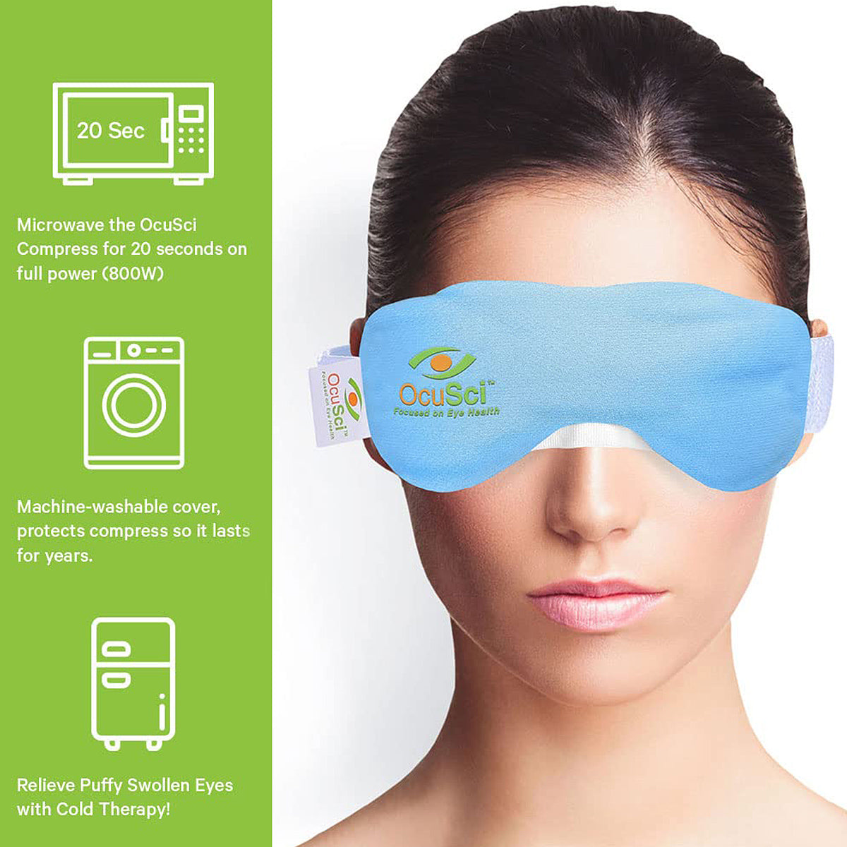 A woman wears an OcuSci Premium Heat & Cold Mask with HydroBlock, offering moist heat therapy and antimicrobial protection. Its microwavable for 20 seconds and provides cold relief for swollen eyes, with benefits shown by green icons on the left.