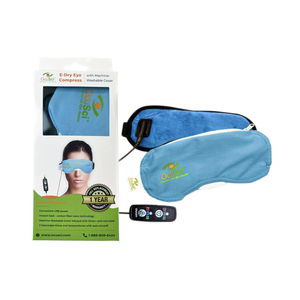 Image of the OcuSci E-Compress USB Eye Heat Mask with packaging. This therapeutic compress is light blue with black trim, includes a remote, and the package shows the product label and an image of someone enjoying soothing dry eye relief.