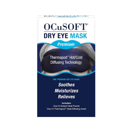 Packaging for the Ocusoft Premium Eye Mask by OCuSOFT, showcasing Thermapod technology. The dark blue and white box emphasizes moist-heat therapy benefits with an instant heat pocket and heat-diffusing insert for effective relief.