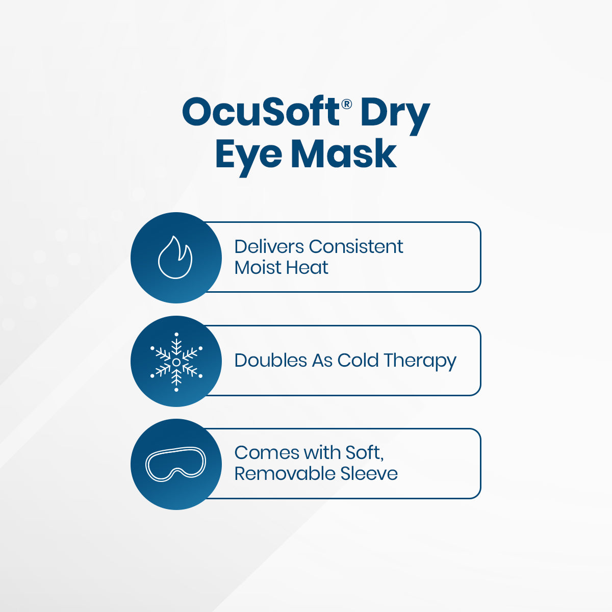 Promotional graphic for the OCuSOFT Premium Eye Mask (Single Mask) showcasing its versatility with icons: a flame representing Consistent Moist-Heat Therapy, a snowflake for Cold Therapy Option, and a mask symbolizing the Soft, Removable Sleeve feature.