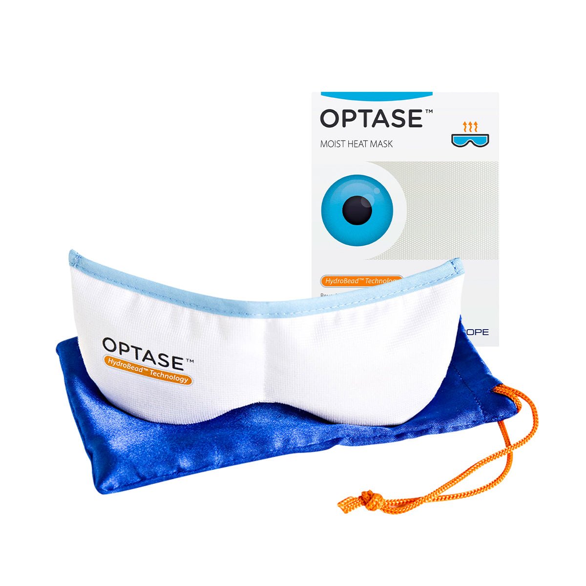 The Optase DryEye Kit (A) features a heat mask designed for moist heat therapy and dry eye relief, complemented by cleansing wipes and intense eye drops. It includes a blue drawstring pouch and detailed packaging box.
