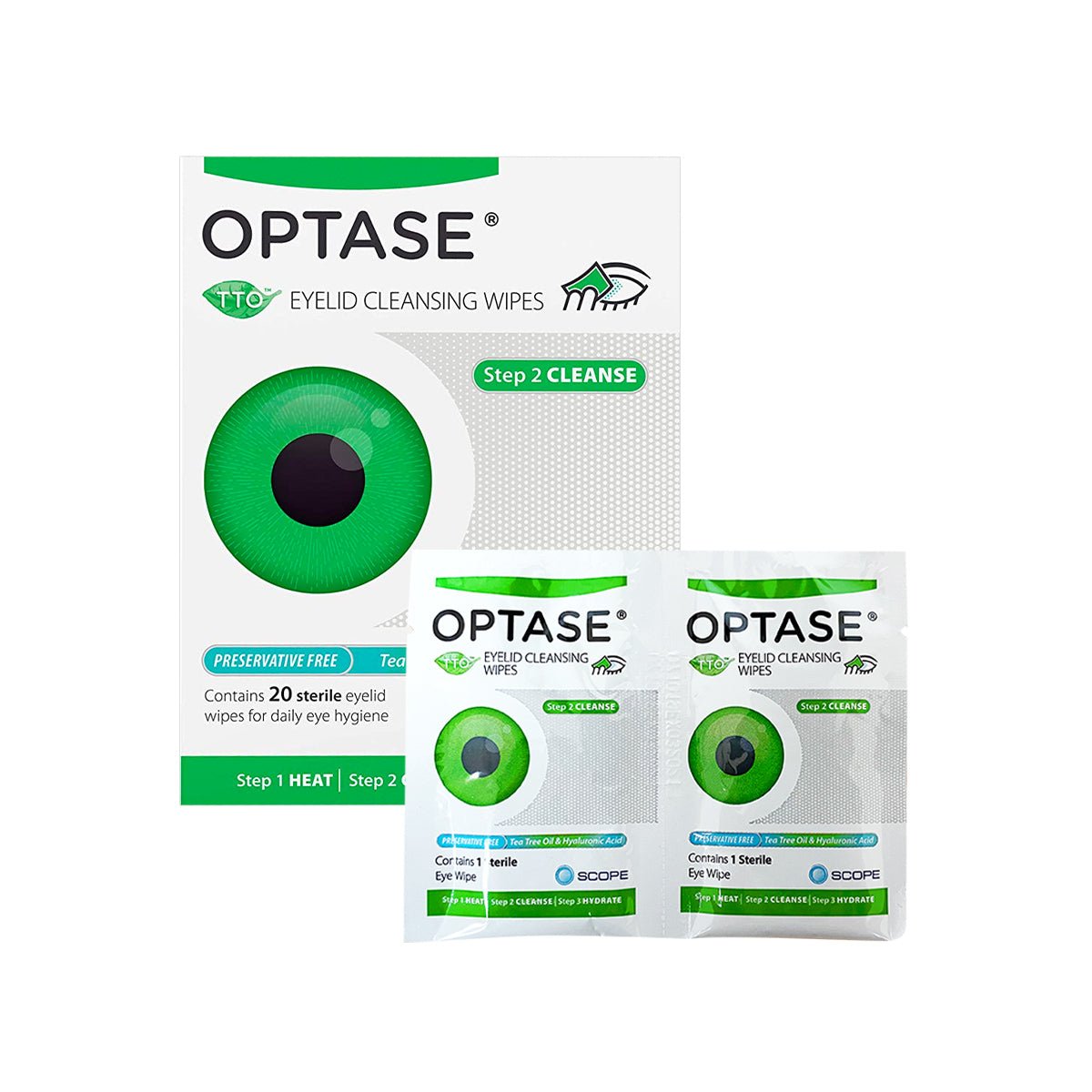 The image showcases Optase DryEye Kit packaging with a green eye graphic and Step 2 Cleanse. Two sachets labeled sterile eyelid wipes for daily hygiene and dry eye relief enhance your routine with effective eyelid care.