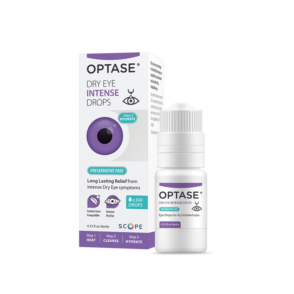 The Optase DryEye Kit (A), featuring a heat mask, cleansing wipes, and Intense Eye Drops, offers dry eye relief with preservative-free drops. Housed in white and purple-green packaging, each bottle delivers 3000 drops to effectively ease symptoms.