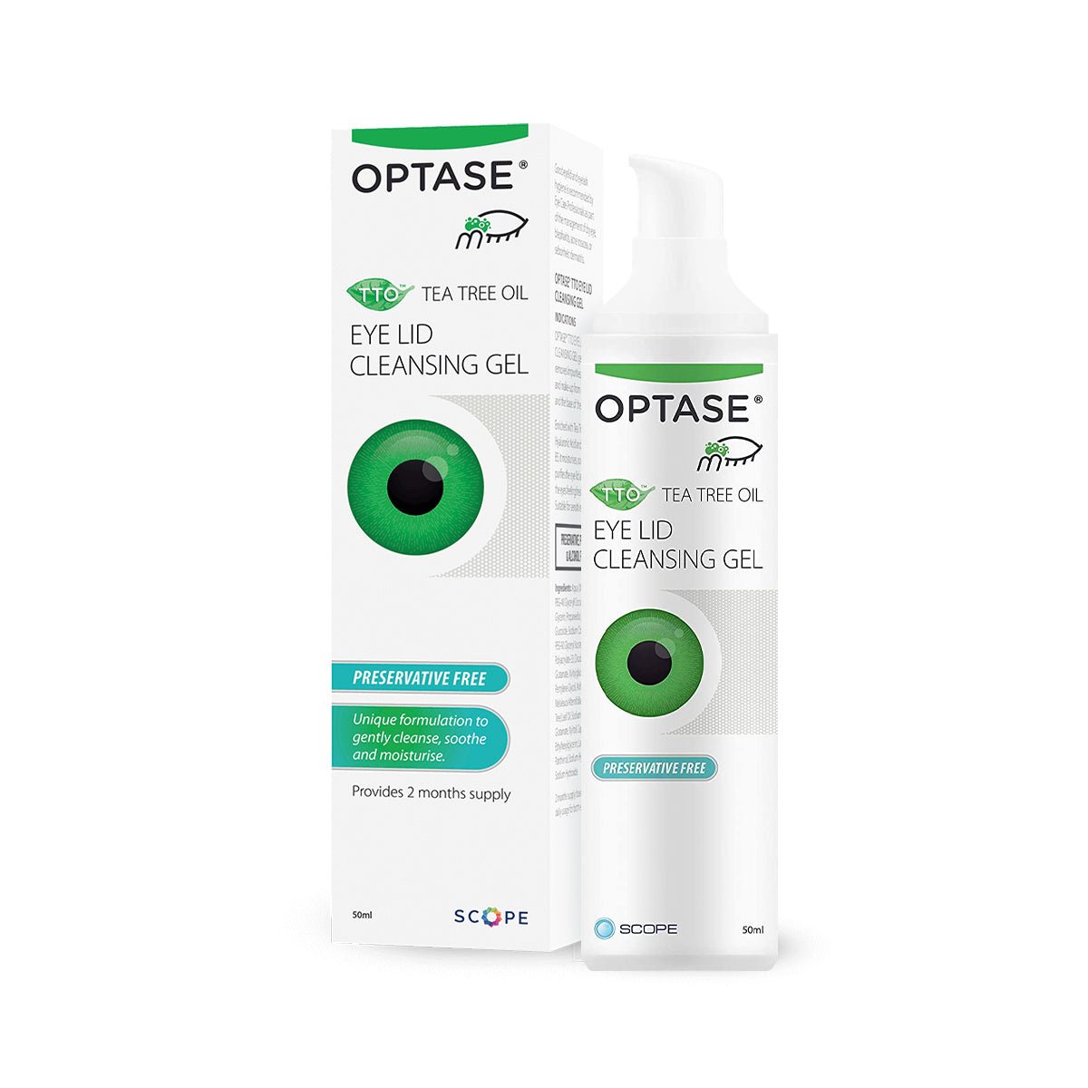 The Optase DryEye Kit includes a Cleansing Gel with white and green packaging featuring an eye image and pump dispenser, promoting eyelid hygiene, preservative free formula, and dry eye relief for 2 months.