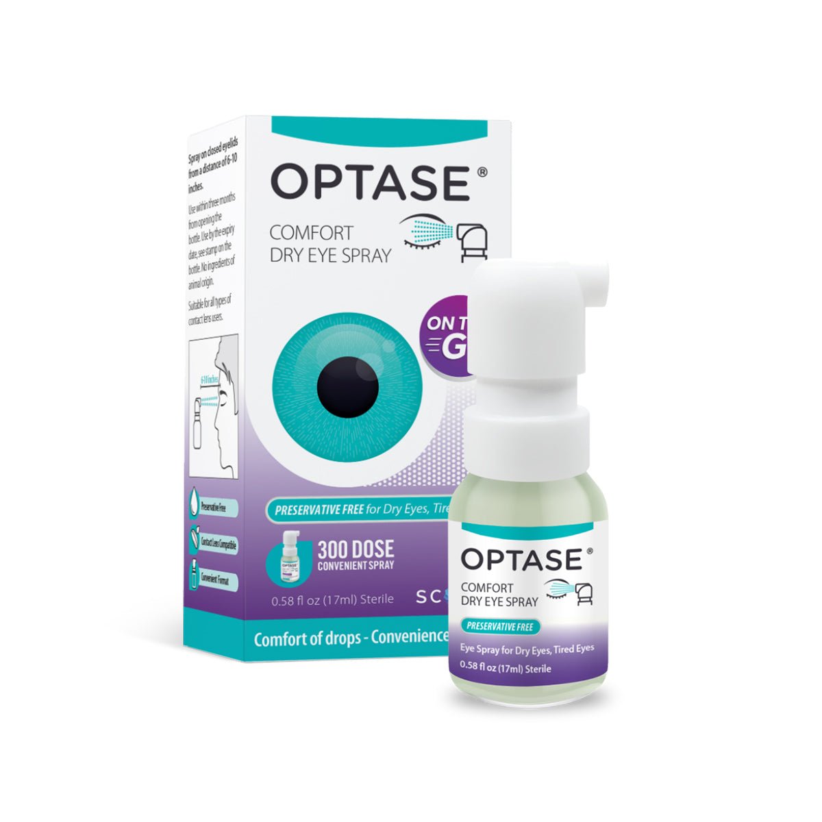 Image of Optase DryEye Kit. The package features a heat mask, cleaning gel, and intense drops for relieving dry eye discomfort; its suitable for tired eyes. An illustration of an eye is on the box, emphasizing comfort and convenience with the slogan Comfort of drops, convenience of spray.