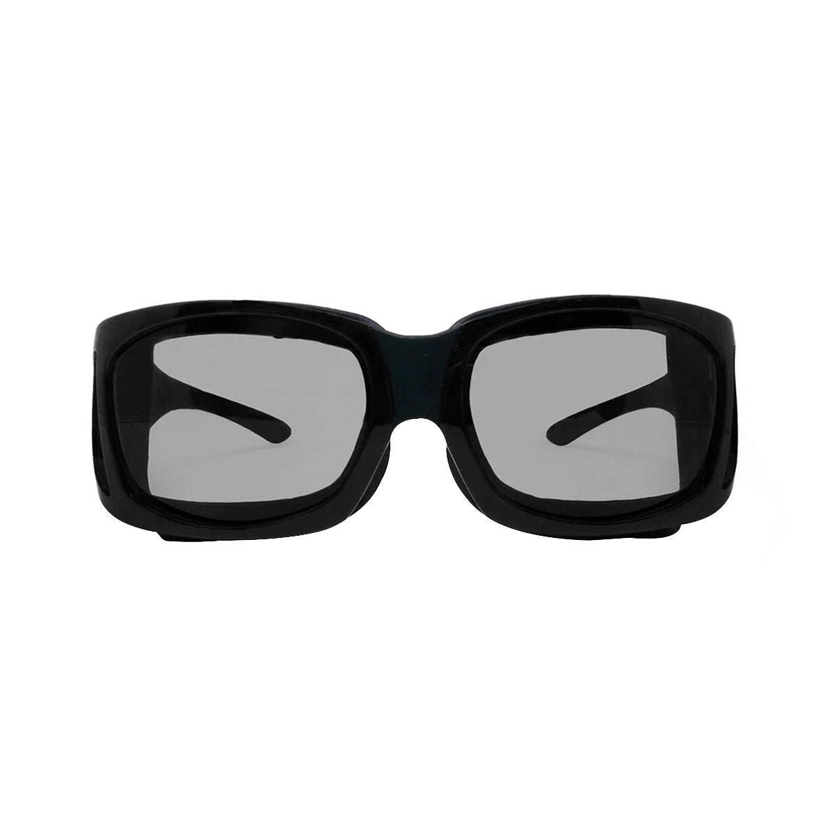 A front-view of PRNs EyeEco Small Moisture Release Eyewear in matte black with gray lenses against a white background, featuring an anti-fog coating.