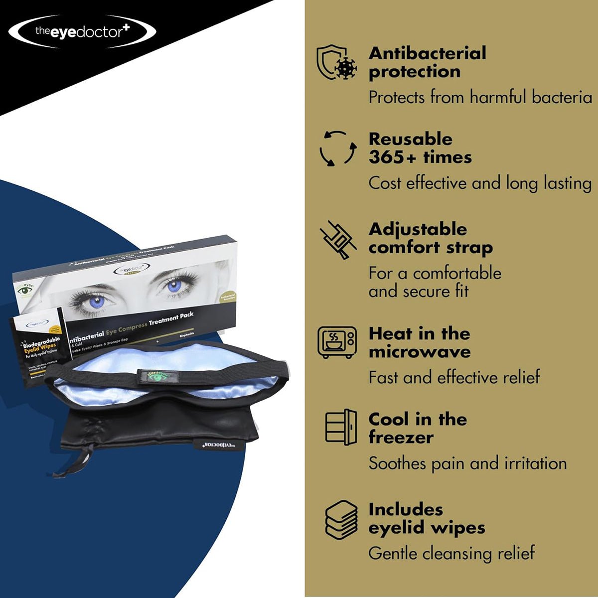 Promotional image for The Eye Doctor Featuring Sterileyes. Left: display with box and compress. Right: lists benefits like antibacterial protection, reusability, adjustable strap, microwave and freezer compatibility, plus eyelid wipes. Ideal for blepharitis relief or dry eye management.