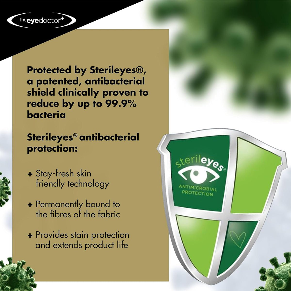 An image shows a green shield with a white eye and the text Sterileyes Antimicrobial Protection. Beside it, a beige box details benefits like antibacterial shielding and stain prevention for fabric fibers, ideal for blepharitis sufferers. Product: The Eye Doctors Antibacterial Hot Eye Compress.