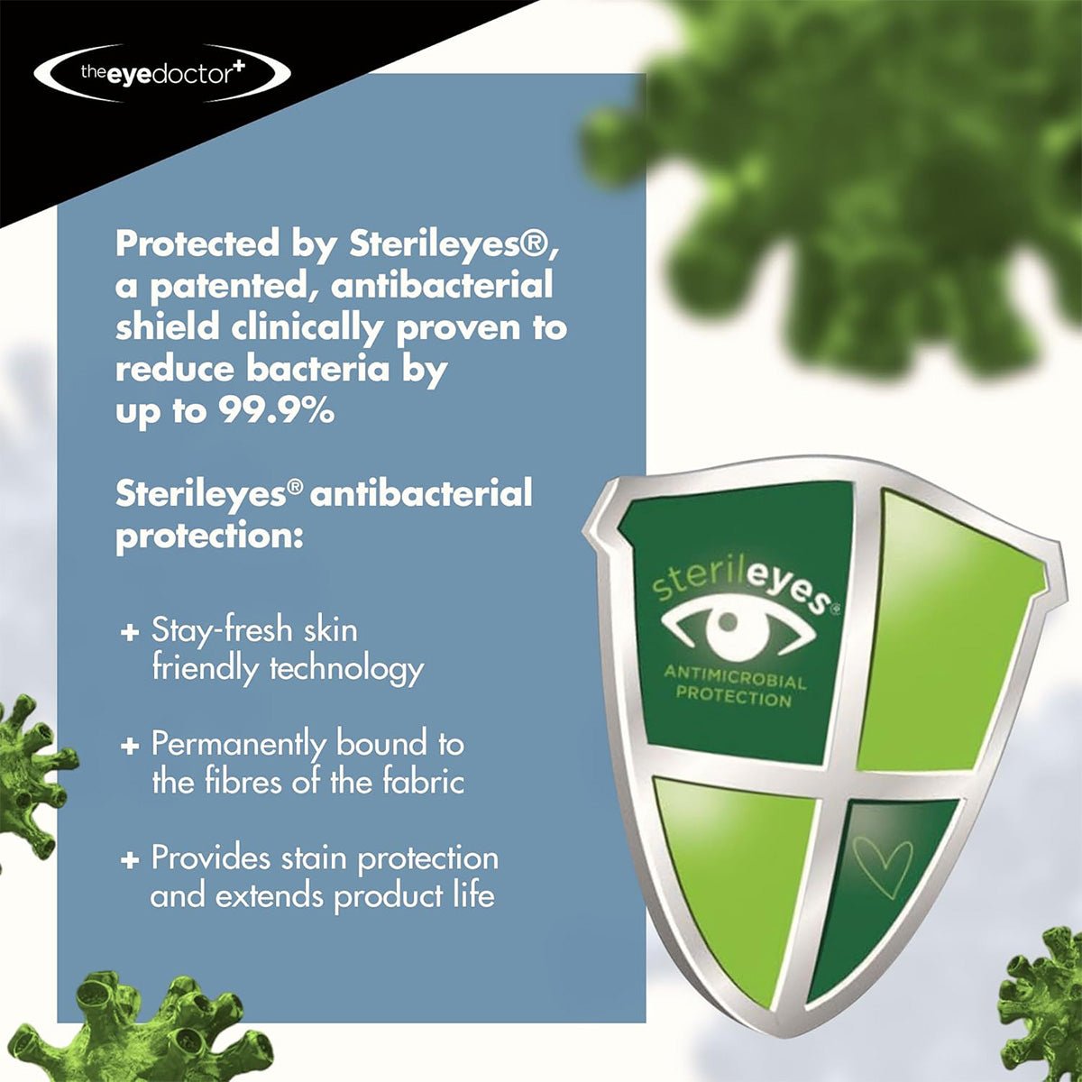 Advertisement for The Eye Doctor Essential Eye Compress with Sterileyes® antibacterial shield. Promotes up to 99.9% bacteria reduction, skin-friendly tech, permanent fiber bonding, and dry eye relief; featuring the Shield logo.