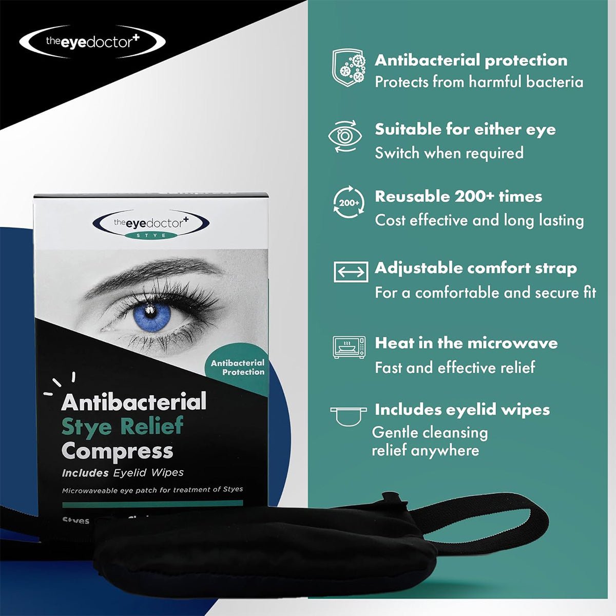 The image features The Eye Doctor Stye Relief Compress, illustrating its moist heat treatment, antibacterial protection, and over 200 uses. It includes an adjustable strap, is microwavable, reusable, and comes with eyelid wipes for convenience.