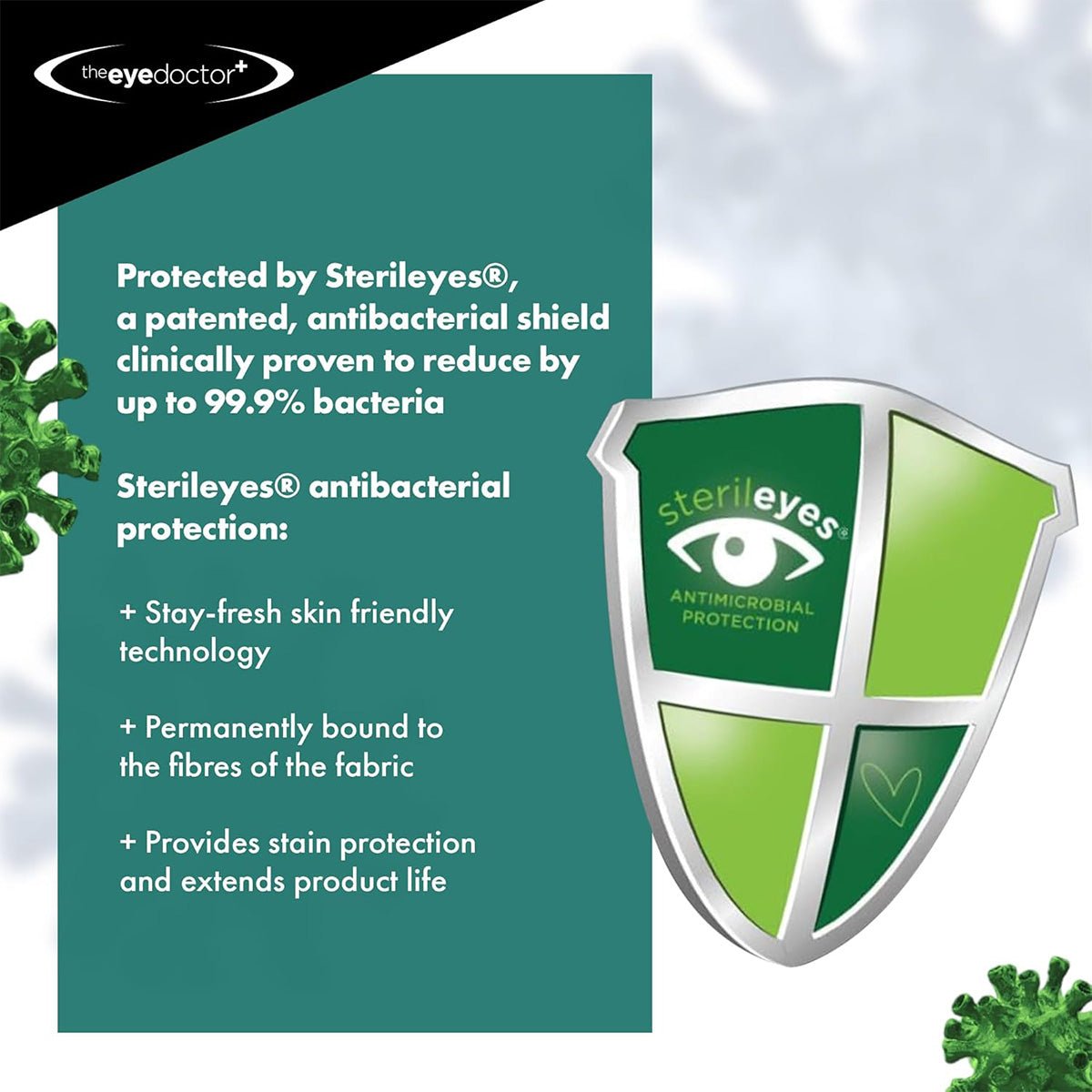 Infographic promoting The Eye Doctors Sterileyes® antibacterial protection with a green shield logo highlights skin-friendly, permanent fabric fibers, stain protection, and product life extension. Ideal for reusable stye relief compresses. Bacteria graphics in the background.