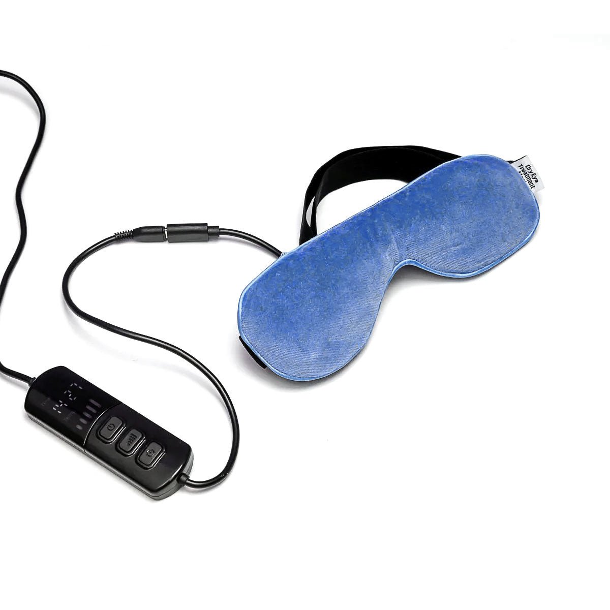 The USB Electric Eye Heat Mask by Dry Eye Treatment Mask is blue with a black adjustable strap, connecting to a control unit featuring a digital display and buttons for heat and timer settings. It includes an attached black power cord for convenience.