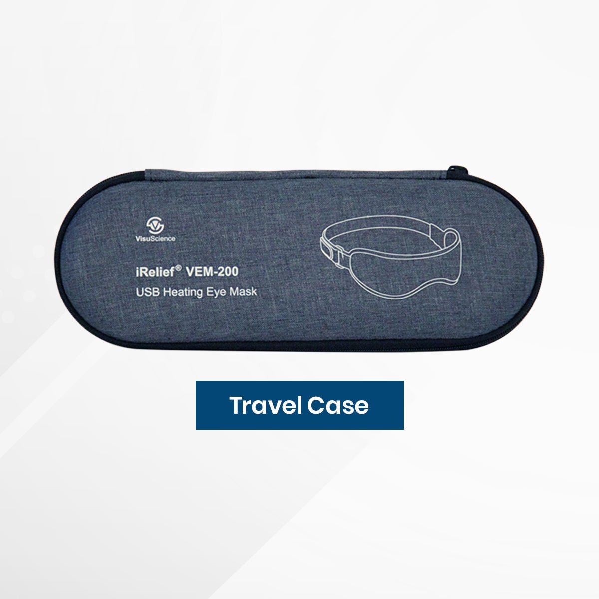 A gray travel case for the VisuScience I-Relief USB Eye Heat Mask with a removable insert is shown. The oval-shaped case features a line drawing of an eye mask, emphasizing heating comfort. It reads Travel Case, ensuring your journey against eye fatigue is stylish and soothing.