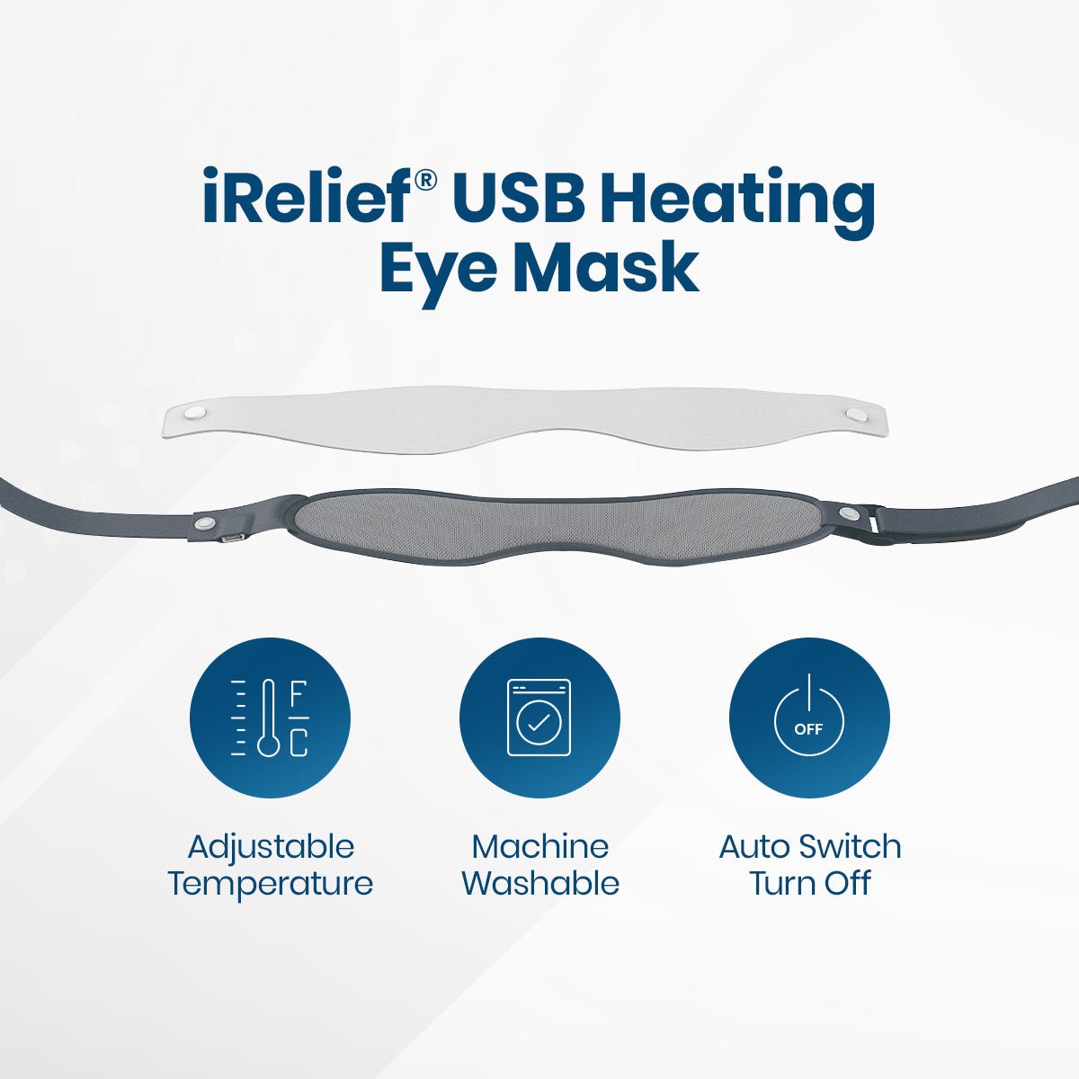 The image features the VisuScience I-Relief USB Eye Heat Mask with a removable insert, offering adjustable temperature, machine washable convenience, and auto switch-off. Set on a pristine white background, its ideal for alleviating eye fatigue.