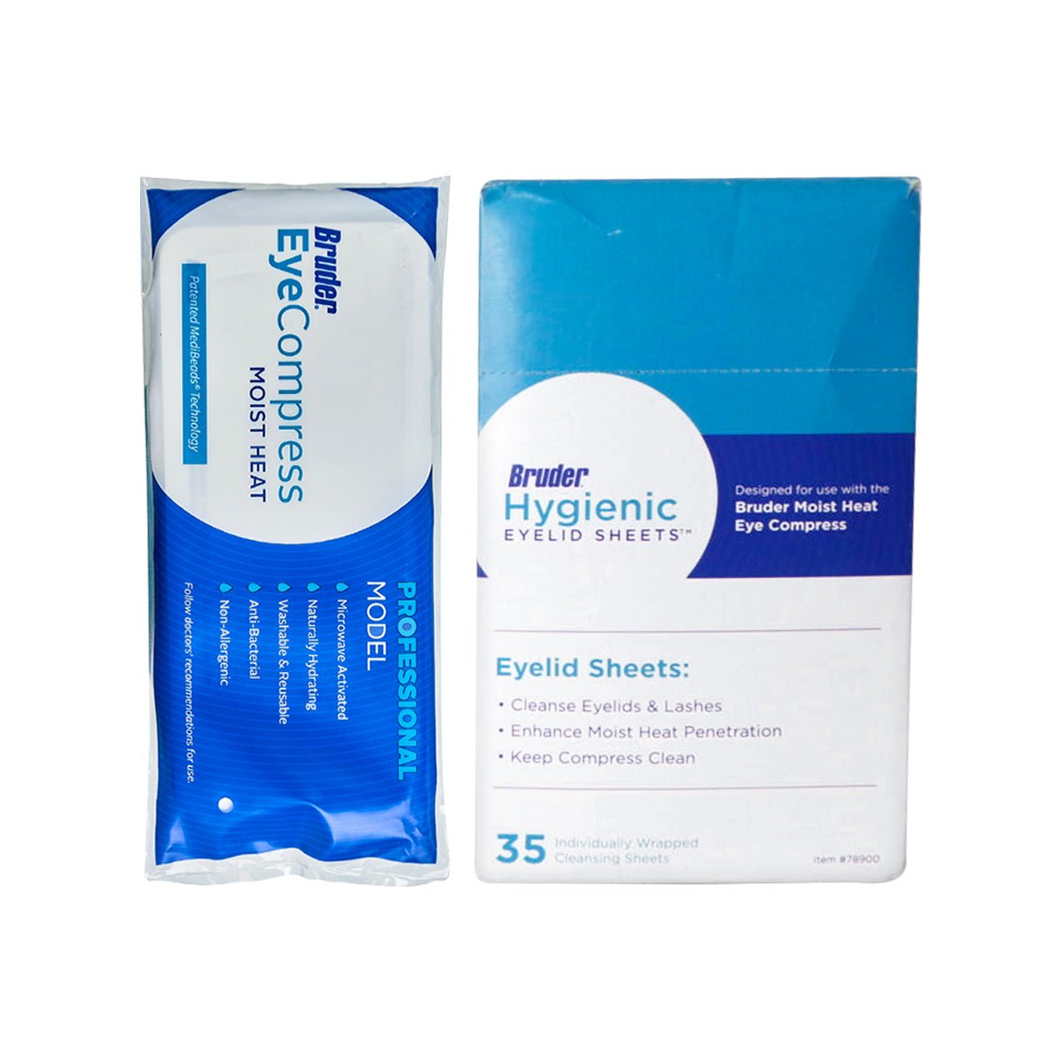 The Bruder Eye Mask & Eyelid Sheets packaging features soothing blue and white tones. Perfect for managing blepharitis or meibomian gland dysfunction, the box includes 35 individually wrapped sheets, ensuring hygiene and convenience.