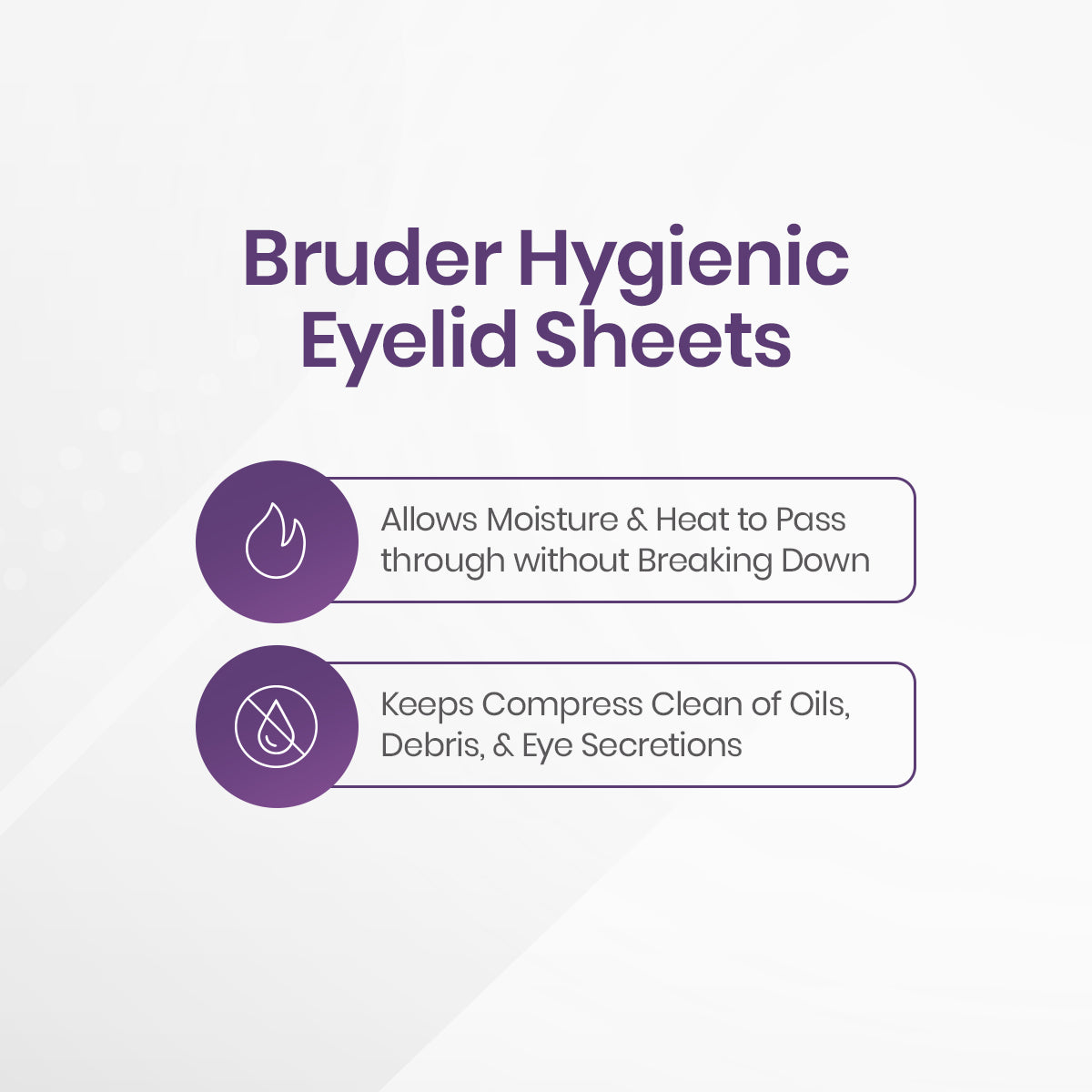 Text on a white background reads: Bruder Hygienic Eyelid Sheets 35 Count Box. Icons describe features—a droplet: Allows Moisture & Heat to Pass without Breakdown, and a leaf: Keeps Compress Clean of Oils, Debris, & Secretions. Perfect for non-allergenic use with Bruder Mask.