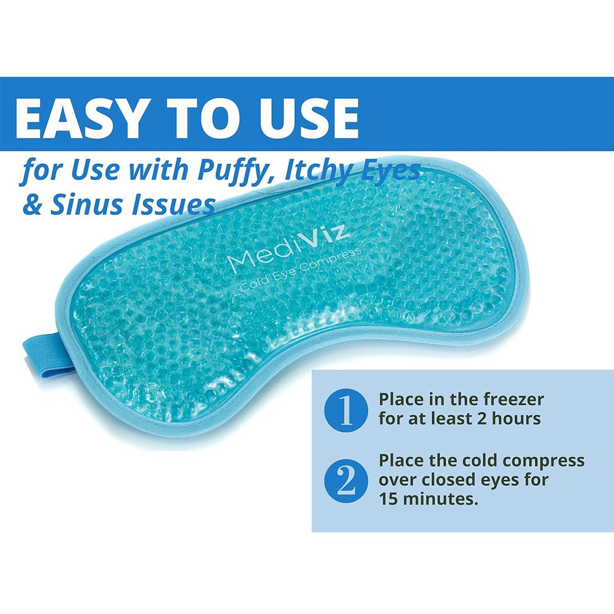 Image of a blue MediViz Cooling Eye Mask by PRN, featuring round gel beads. Text: Simple relief for puffy, itchy eyes & sinus issues, plus dark circles. Instructions: 1. Freeze 2+ hours. 2. Apply for 15 minutes.