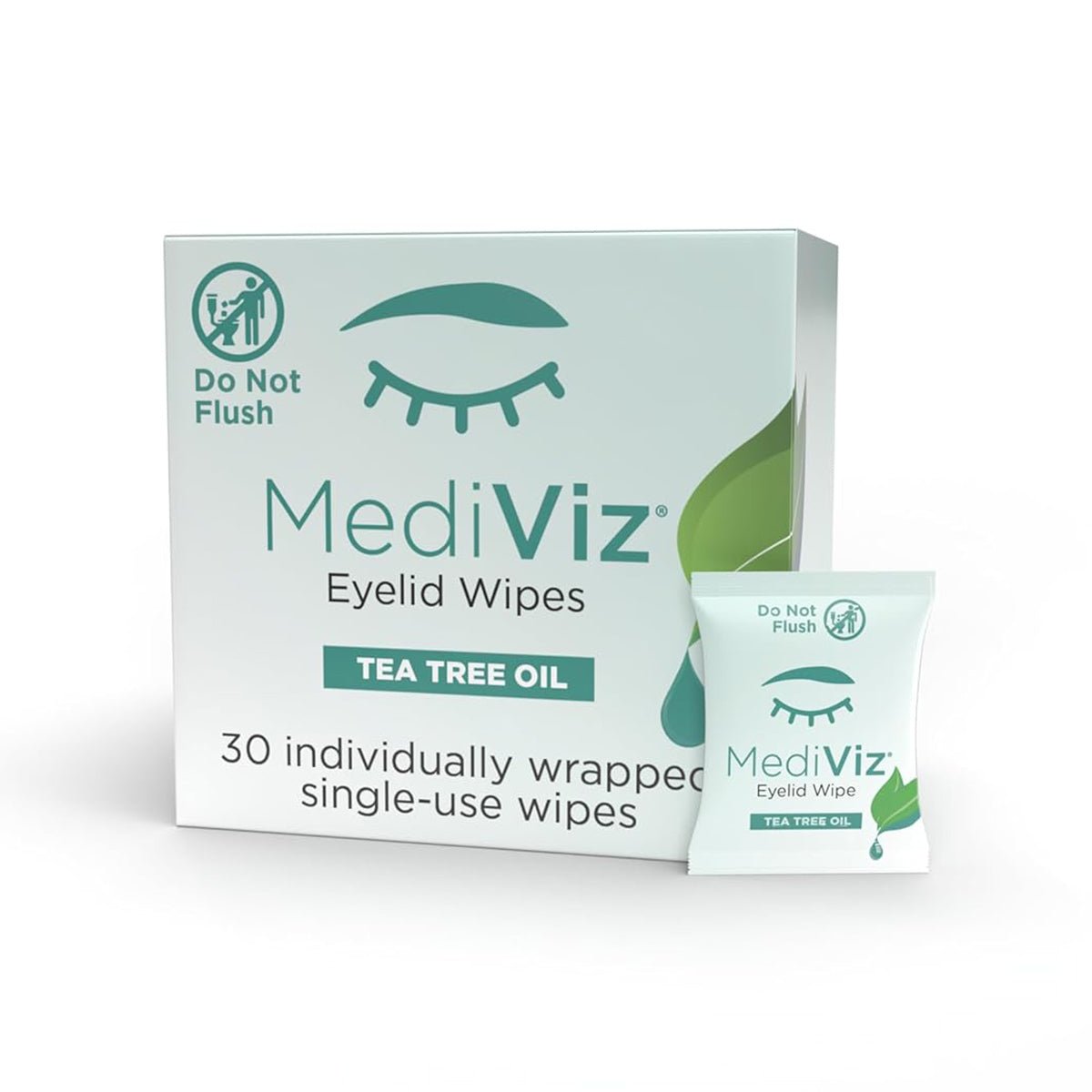PRNs Mediviz Tea Tree Eyelid Cleansing Wipes box contains 30 individually wrapped wipes, featuring a Do Not Flush warning. Adorned with a closed eye and leaf design, these wipes are enhanced with refreshing tea tree oil for clean eyelids.